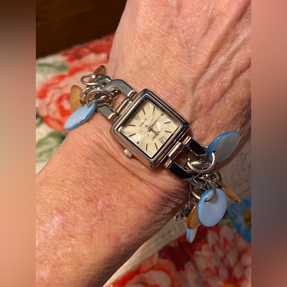 SALE 5/$25 watch,Lane Bryant,numbered,silver chain,MOP blue/bronze disc charms